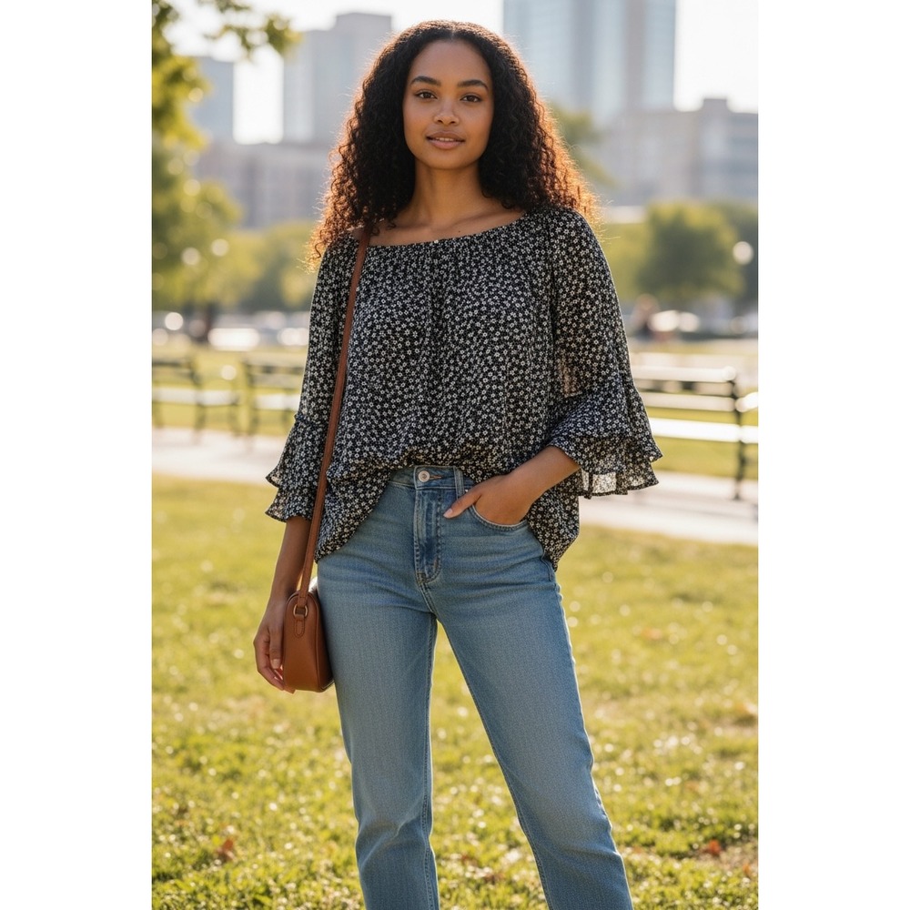 Chaps Navy Floral Bell Sleeve Off The Shoulder Blouse Top‎ XL